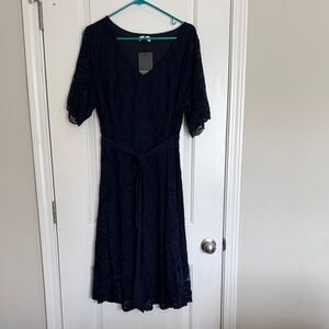 Amazon Women's Navy Lace Midi Dress with Tie Waist